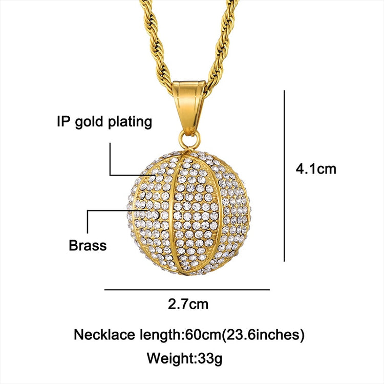 Basketball Pendant Necklace Stainless Steel With Rhinestone Gold